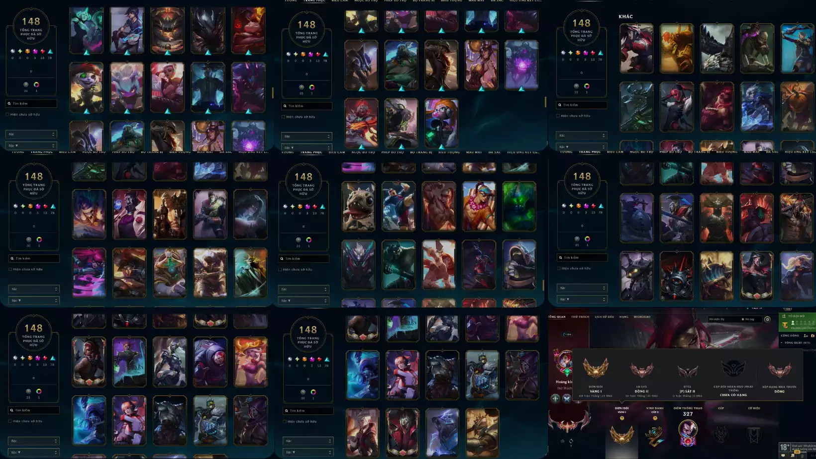 Ảnh LOL  148 SKIN 3 TIM 13 ĐỎ 78 SỬ THI 1 ĐA SẮC CAM RANK VÀNG